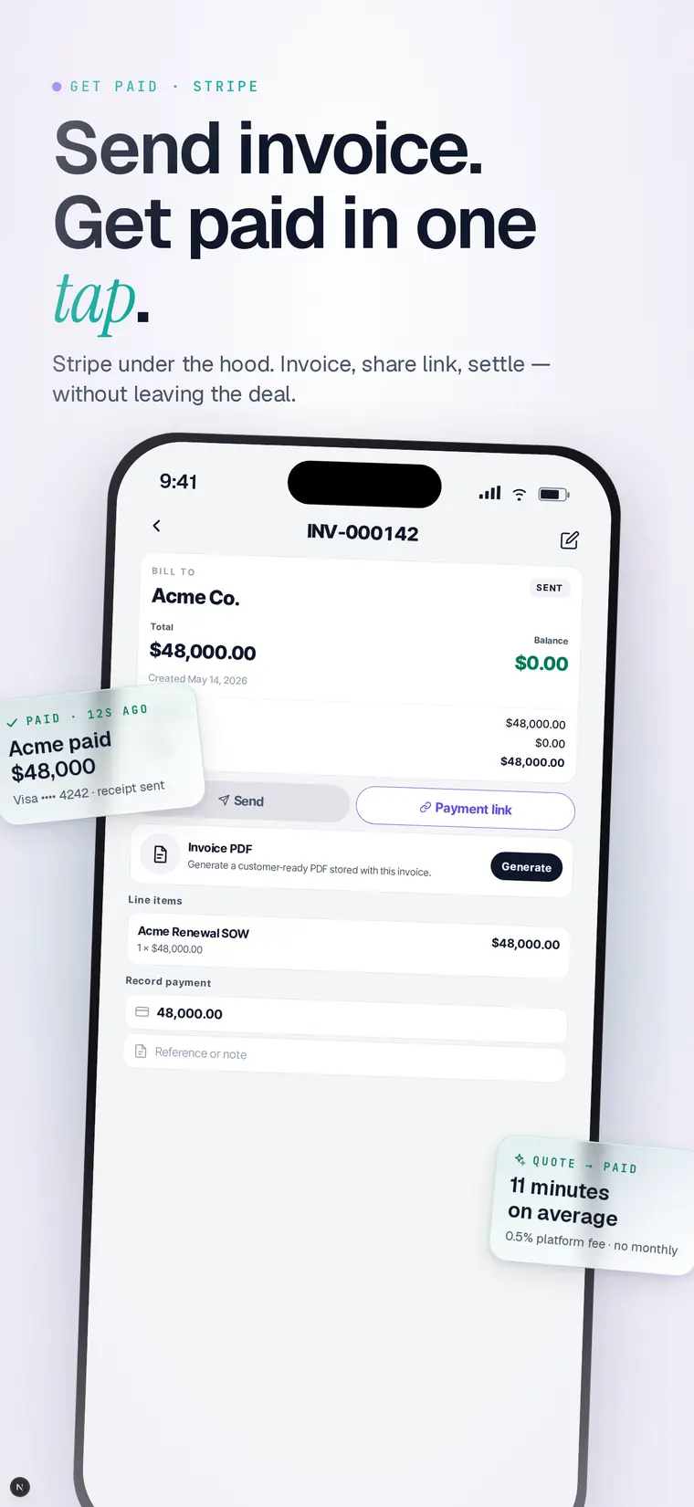 Send an invoice, get paid in a tap